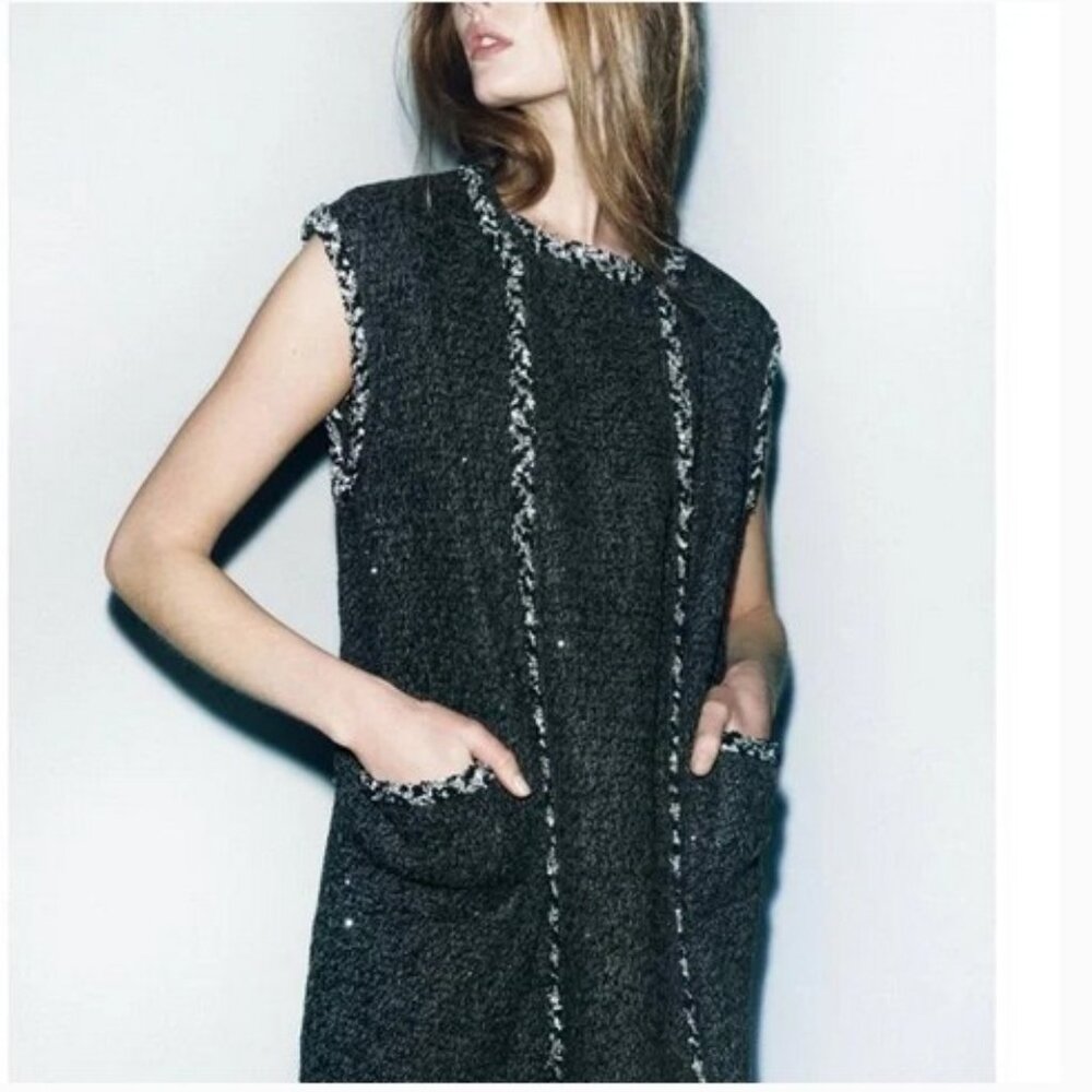 Zara Charcoal Knit Tweed Vest With Sequins Trim, NWT, M
